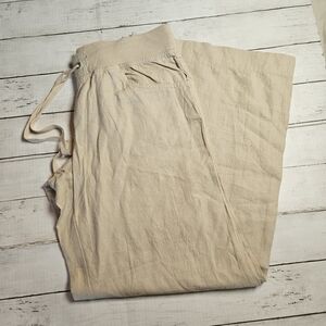 LONDON JEAN‎ 100% Linen Size Medium Khaki Wide Leg Pull On Pants Drawstring